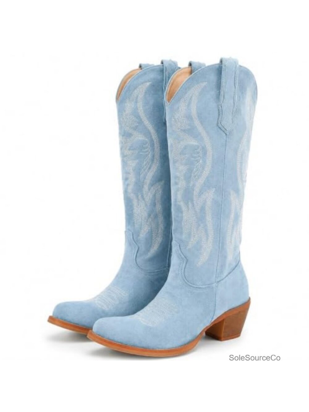 Faux Suede Embroidered Mid Calf Cowboy Boots Pointed Toe Block Heel